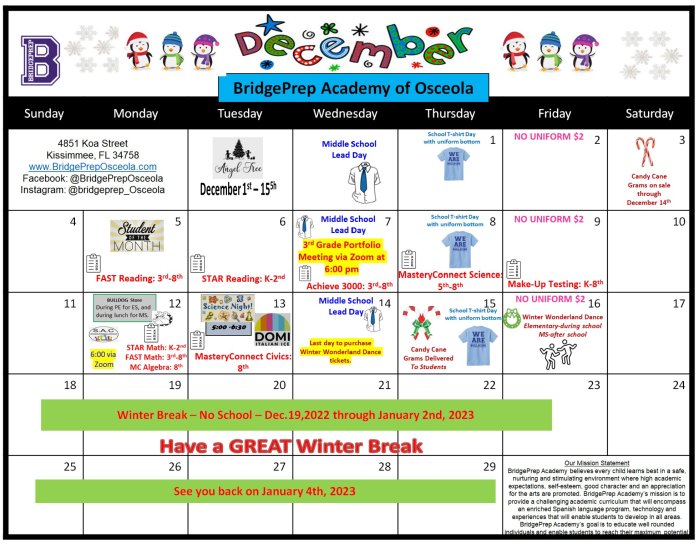 DECEMBER ACTIVITY CALENDAR - News and Announcements -